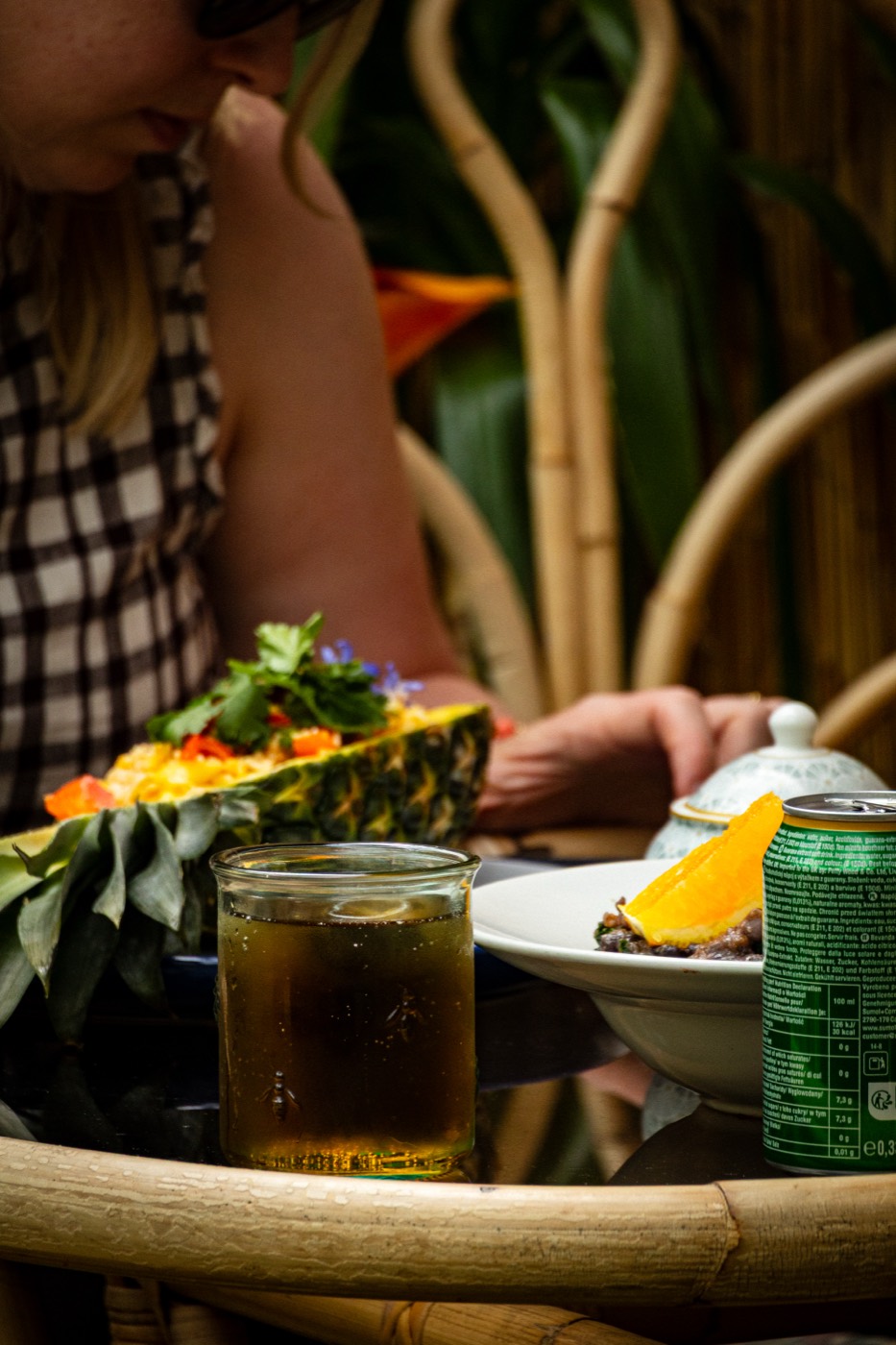 Guest at a table with food and drink