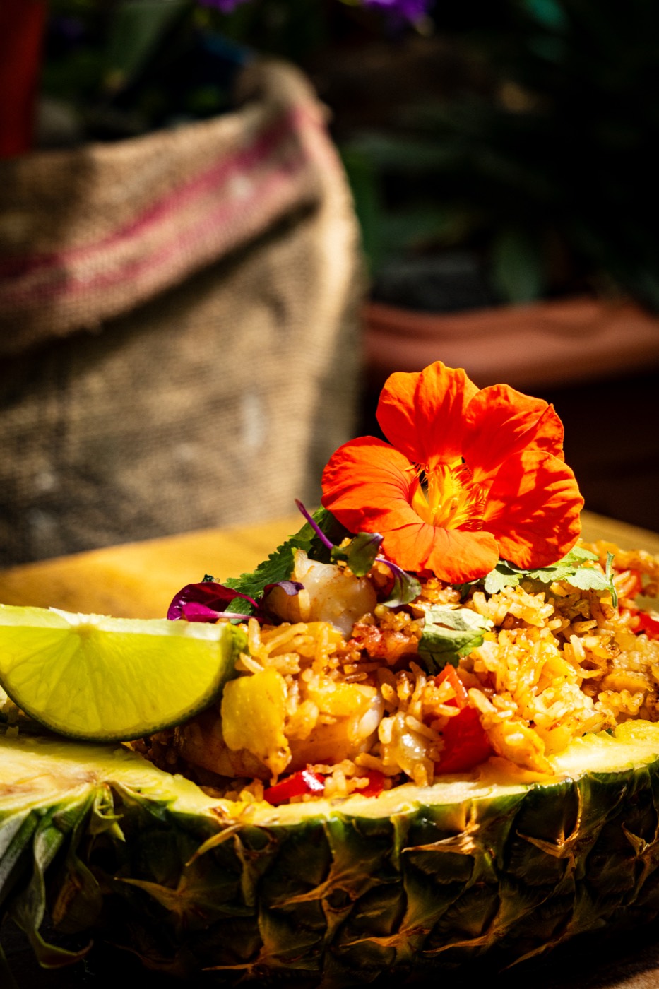 Pineapple fried rice with nasturtium