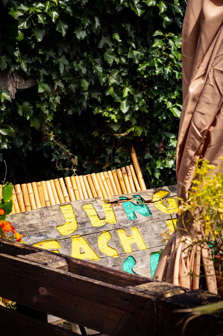 Hand-painted Jungle Café sign detail